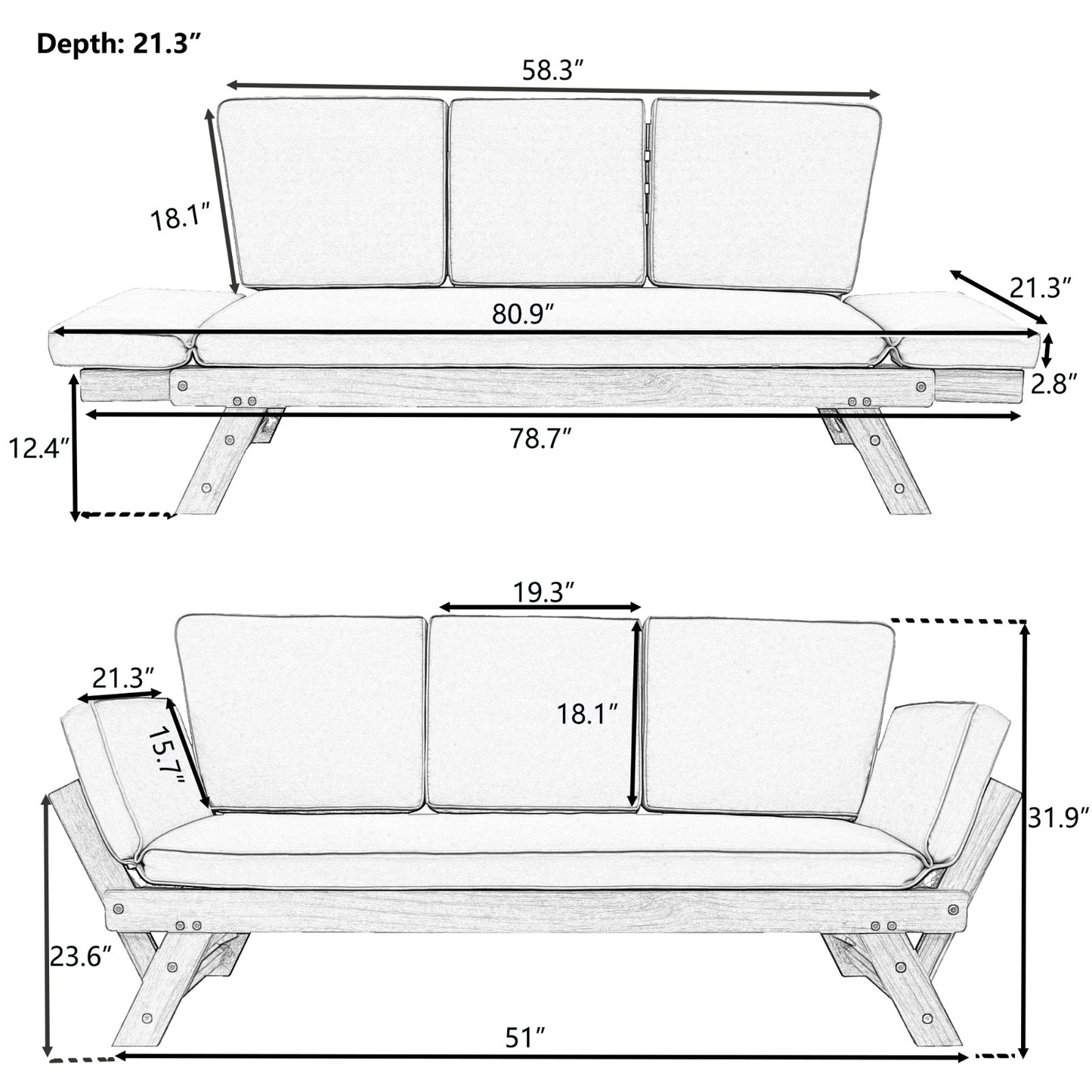 TOPMAX Outdoor Adjustable Patio Wooden Daybed Sofa Chaise Lounge With Cushions For Small Places, Bro