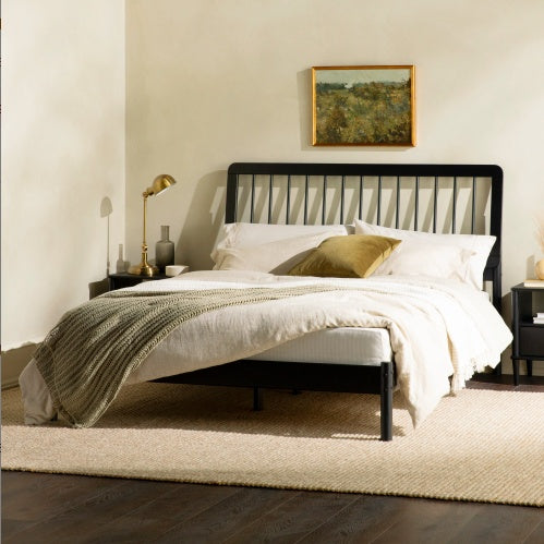 Mid-Century Modern Solid Wood Queen Spindle Bed Black