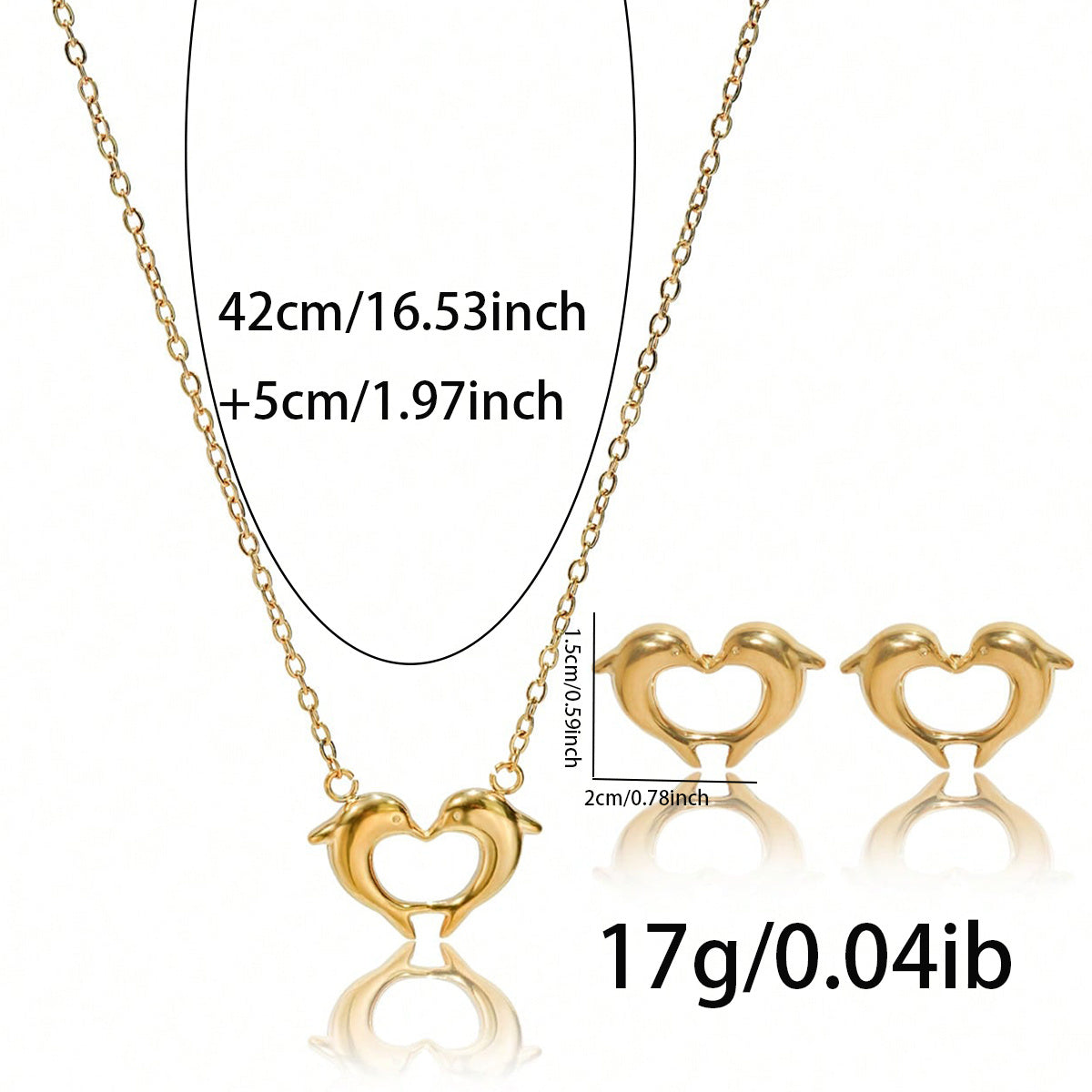 Lxalry 18K Gold Plated Heart Dolphins Mirror Jewelry Set Hypoallergenic Skin Safe Necklace Stud Earrings For Couple S Gift Daily Wear Never Fade Adjustable Luxury With Precision Cast Symmetry