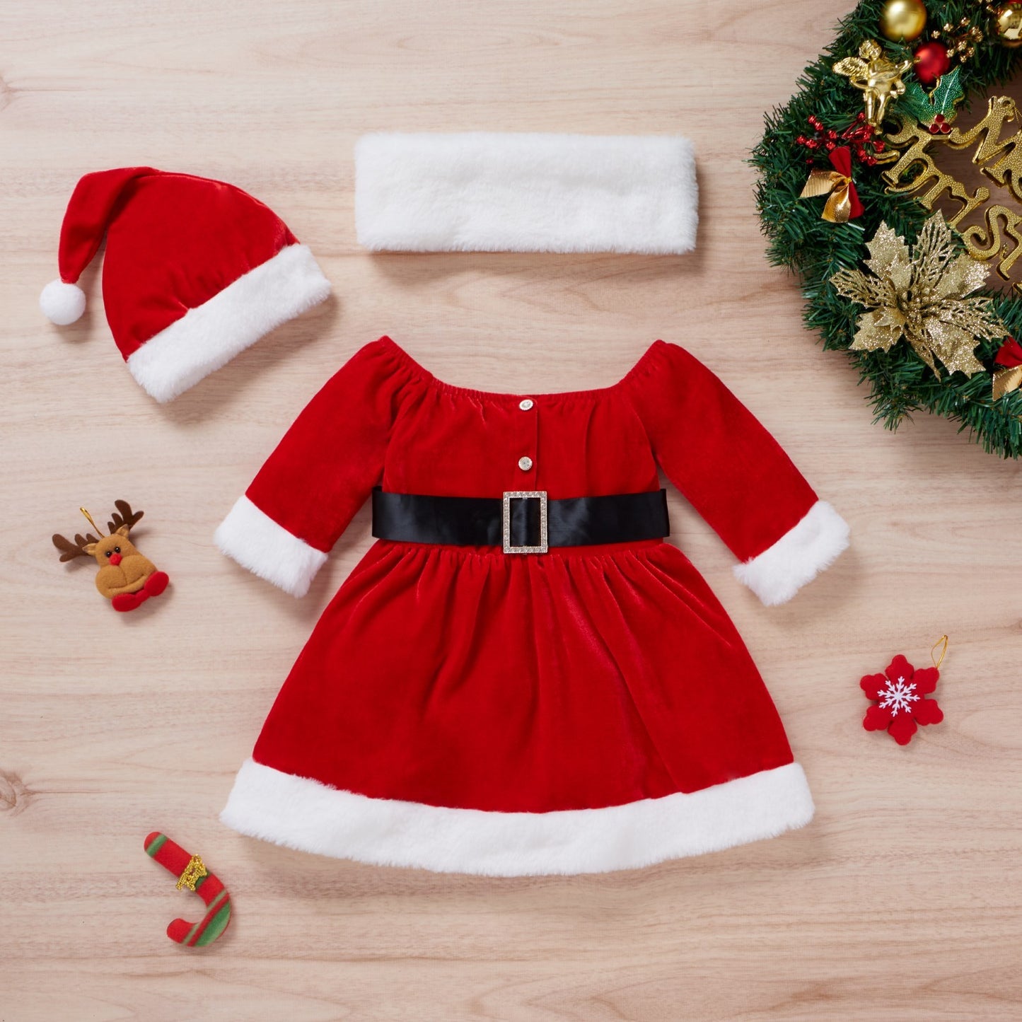 Toddler Baby Girls Christmas Clothes Set Dress Hat Scarf