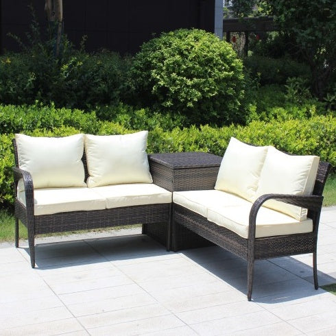 3 Piece Patio Sectional Wicker Rattan Outdoor Furniture Sofa Set With Storage Box Brown