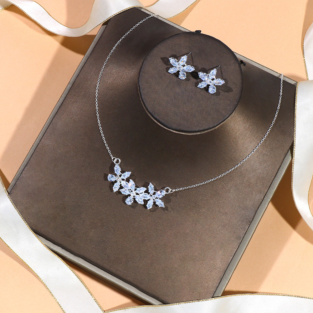 Flower Jewelry Suit Zircon Necklace Earrings