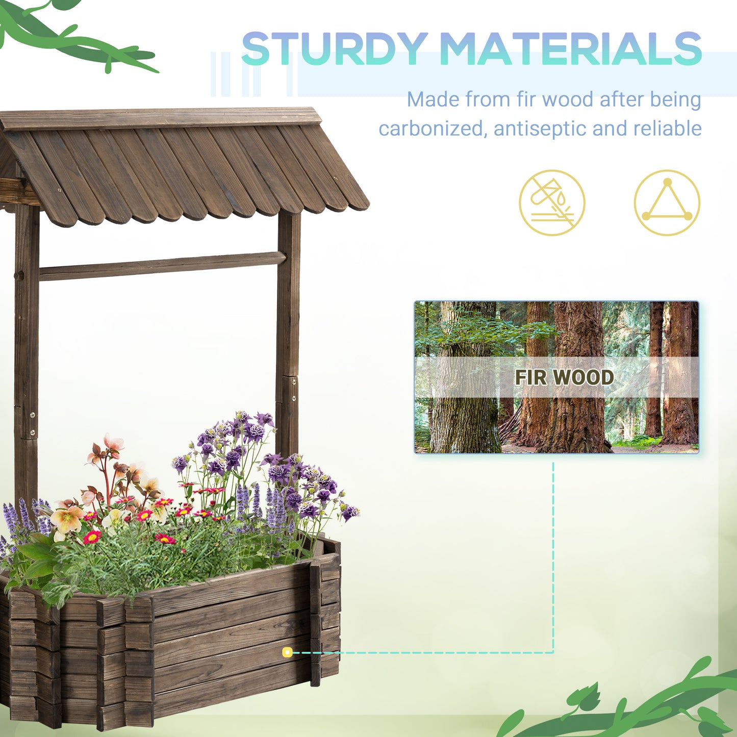 Wishing Well Planter, Wooden Raised Garden Bed, Ornamental Outdoor Flower Planter For Outdoor Garden