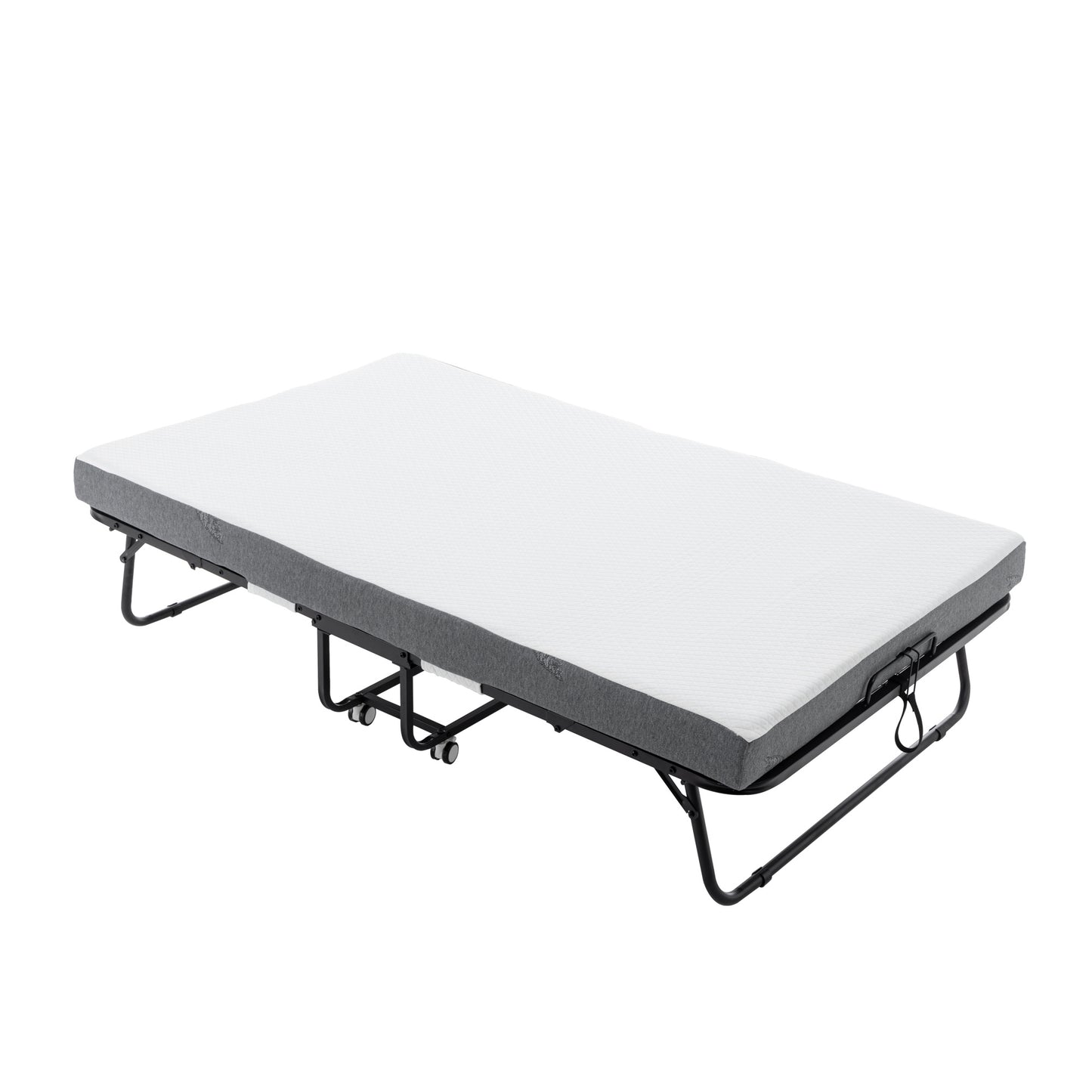 Folding Bed Cot With Mattress For Adults, Foldable Metal Frame Bed For Guest With Memory Foam Mattress On Wheels, Saving Space Rollaway Bed
