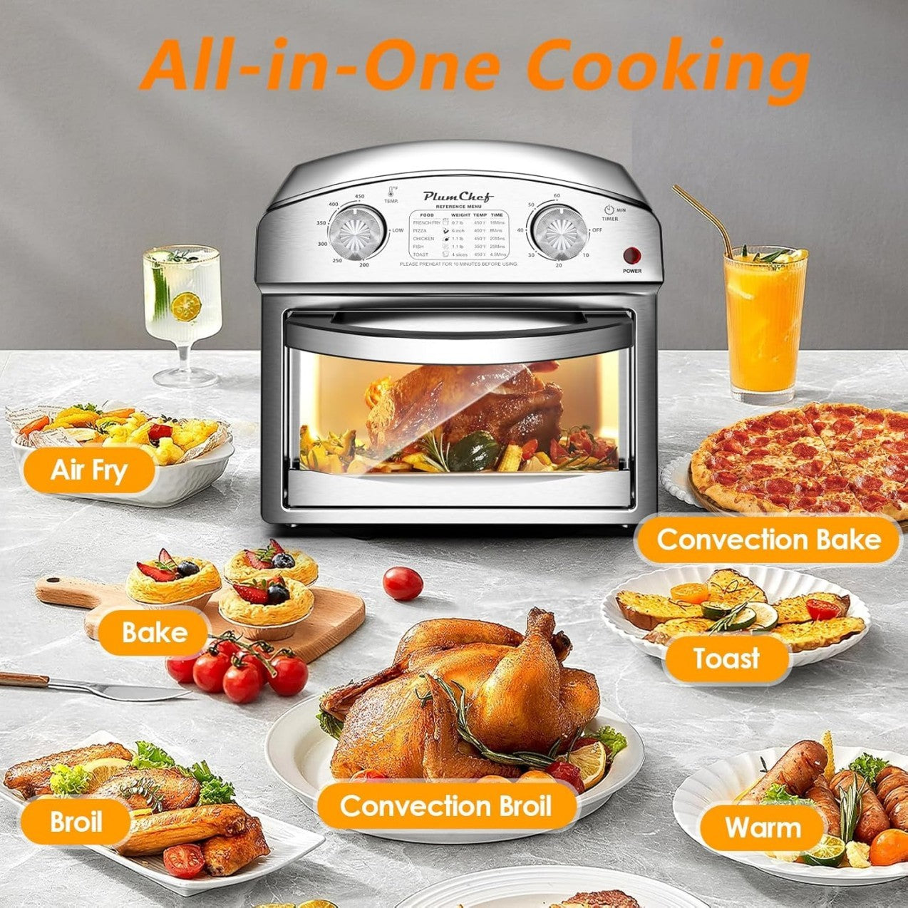 Stainless Steel 12.5 Qt Air Fryer, Dual Knob Control, 60-Min Timer, Presets For French Fries, Pizza, Chicken, Fish, And Toast Sleek Design, Healthy Cookie