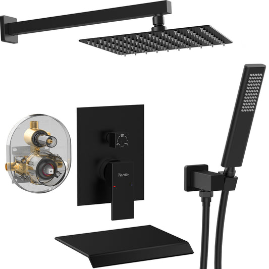 Male NPT Shower Faucet Set, Waterfall Shower System For Bathroom, High Pressure 10Rain Shower Head And Handheld Shower Spray Wall Mount Tub Faucet Shower Valve With Trim And Diverter, Matte Black