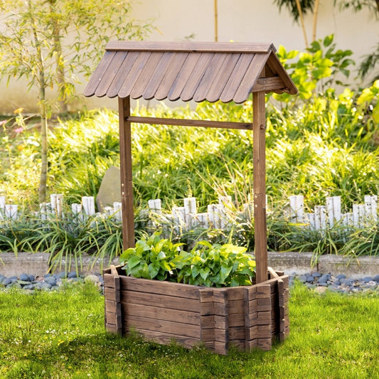 Wishing Well Planter, Wooden Raised Garden Bed, Ornamental Outdoor Flower Planter For Outdoor Garden