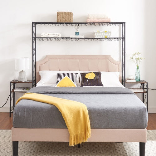 Queen Bed Frame With 2 Nightstands Headboards With Storage Cabinet, Headboard With Shelves, Bookcase Headboard Queen Easy Assembly For Bedroom Iron And Wood Rustic Brown