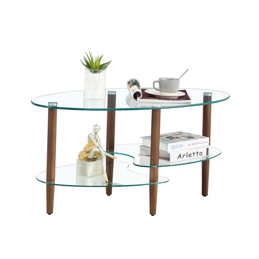 Transparent Oval Glass Coffee Table, Modern Living Room Table, Oak Leg Coffee Table, Three-layer Glass Table