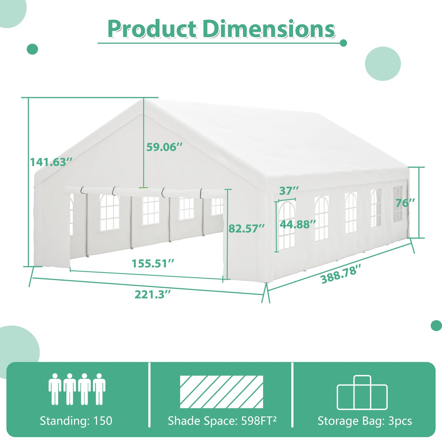 20x20FT Party Tent Heavy Duty, Large Wedding Event Shelters With 2 Storage Bags & Removable Sidewalls, Outdoor Canopy Gazebo Commercial Tents For Parties Carport Camping Garden Patio