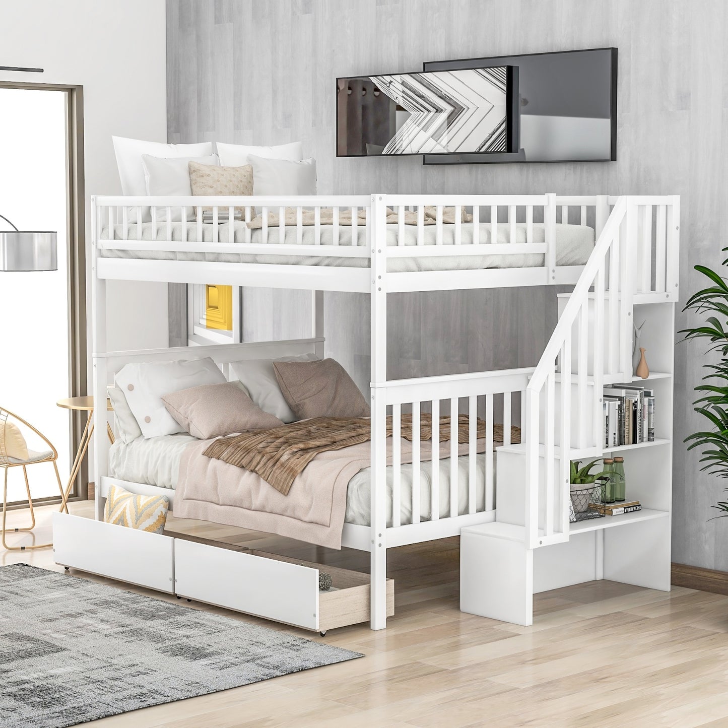Full Over Full Bunk Bed With Two Drawers And Storage, White