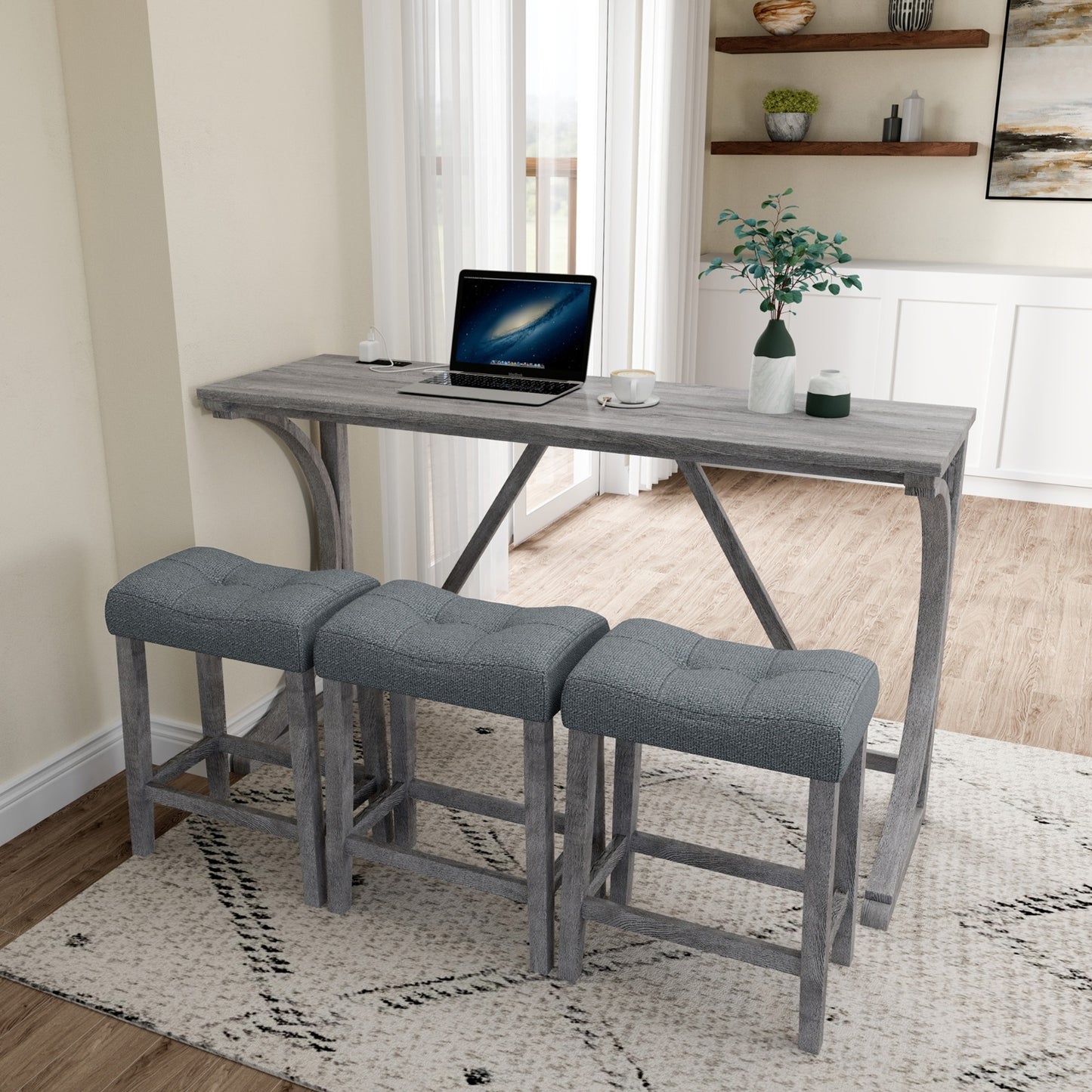 Bar Table Set With Power Outlet, Bar Table And Chairs Set, 4 Piece Dining Table Set, Industrial Brea
