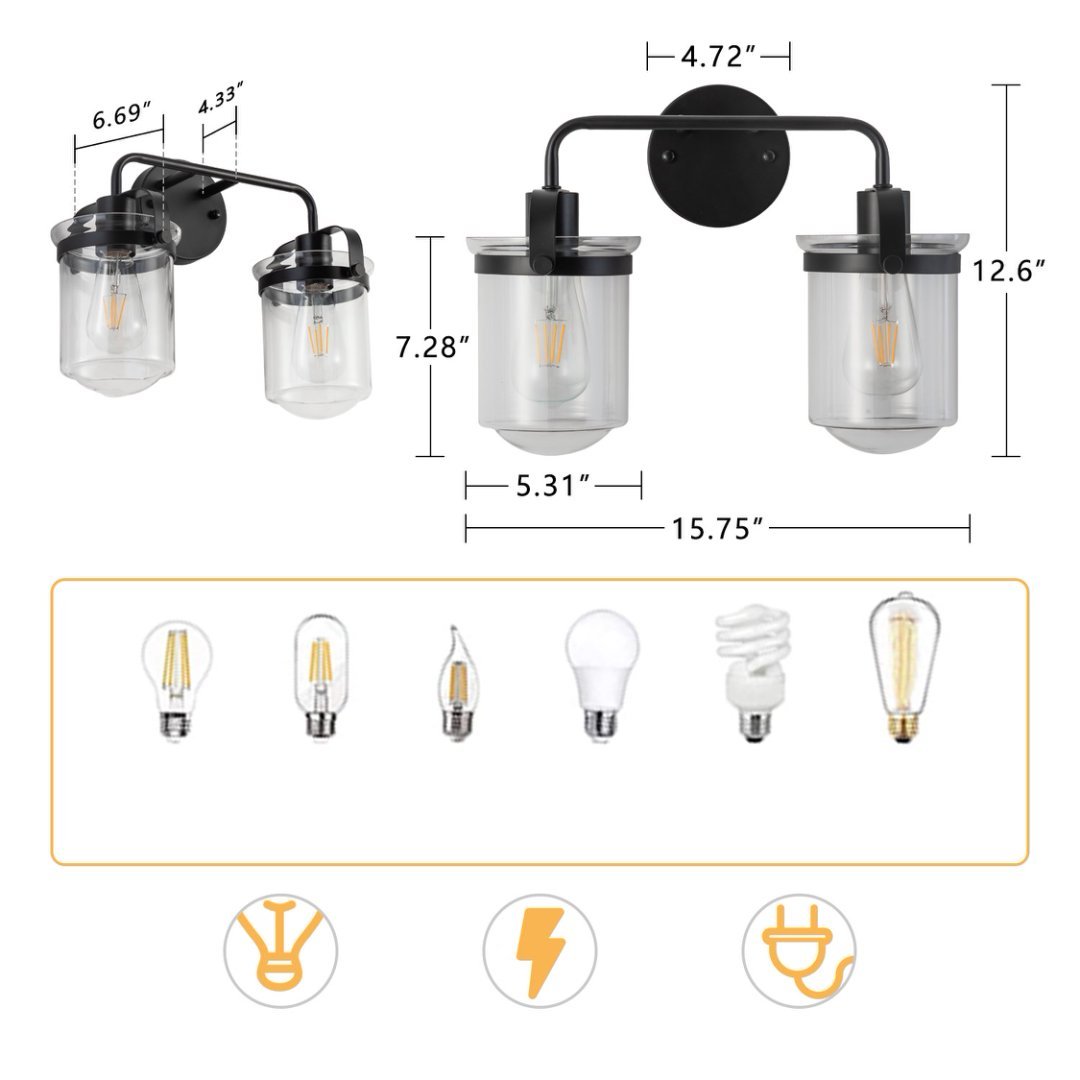 2-Light With Clear Glass Shade,Modern Sconce, Industrial Indoor  Light Fixture For Bathroom Living Room Bedroom Over Kitchen Sink,E26 Socket,No Bulb