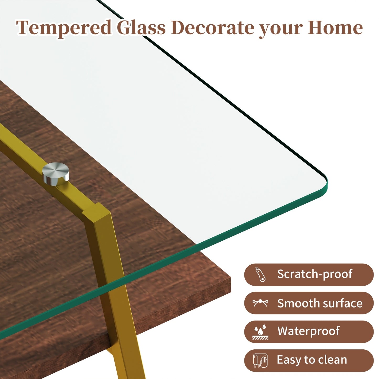 Rectangle Coffee Table, Tempered Glass Tabletop With Gold Metal Legs, Modern Table For Living Room ,