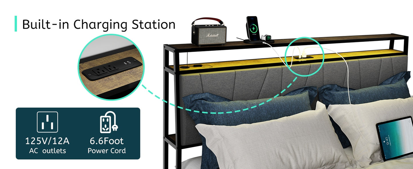 Full Bed Frame With Storage, Ergonomic Headboard, Bed Frame With 2 Storage Drawers, Built In Charging Station & LED, Outlets & USB, Full Size, Noise Free, No Box Spring Needed, Rustic Brown