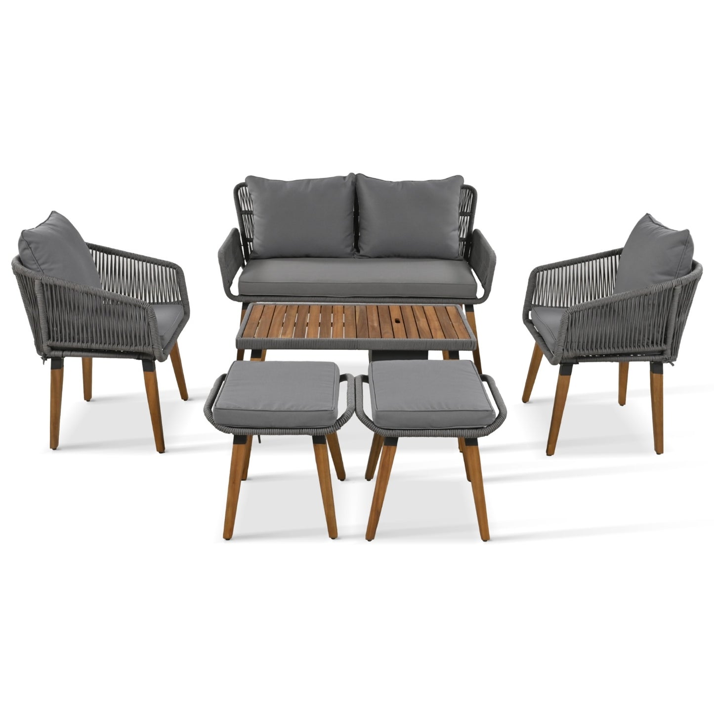 K&K 6-Piece Rope Patio Furniture Set, Outdoor Furniture With Acacia Wood Cool Bar Table With Ice Buc