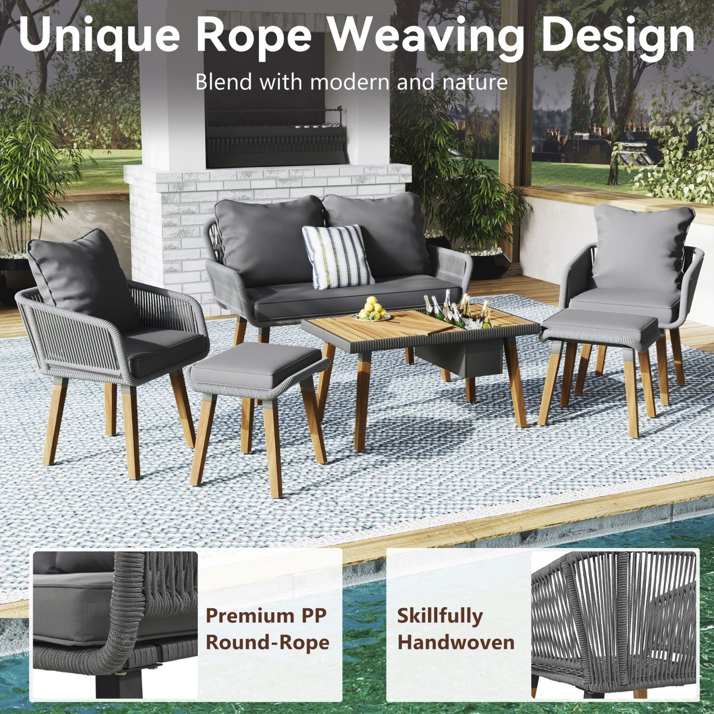 K&K 6-Piece Rope Patio Furniture Set, Outdoor Furniture With Acacia Wood Cool Bar Table With Ice Buc