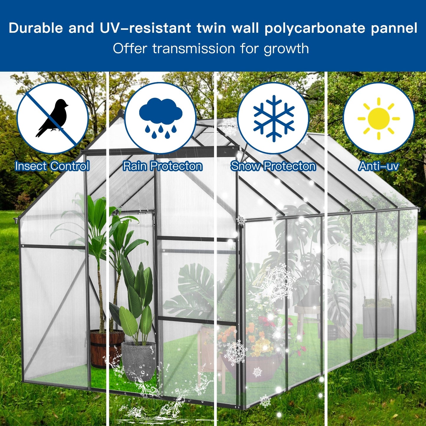 6x12 FT Polycarbonate Greenhouse W  Raised Base  Anchor, Heavy Duty Walk-in