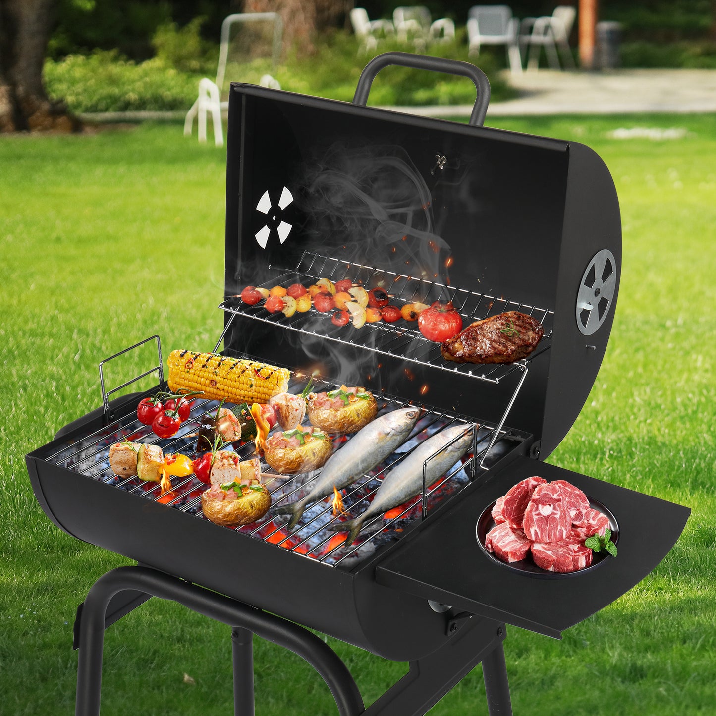 Black Cylinder With Side Panels And Wheels, High-temperature Powder Smoked Carbon Oven