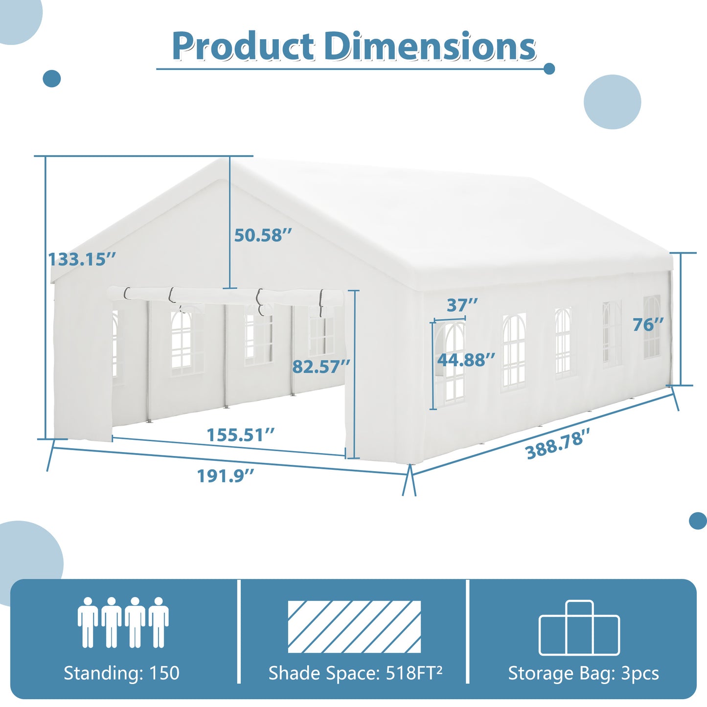 20x20FT Party Tent Heavy Duty, Large Wedding Event Shelters With 2 Storage Bags & Removable Sidewalls, Outdoor Canopy Gazebo Commercial Tents For Parties Carport Camping Garden Patio