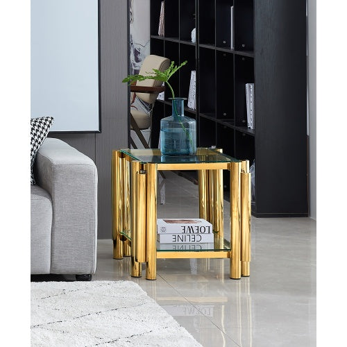 20 Inch Square End Table, Modern Stainless Steel End Table, Double-Layer Clear Tempered Glass Coffee Table, Side Table With Storage, For Living Room Home Office