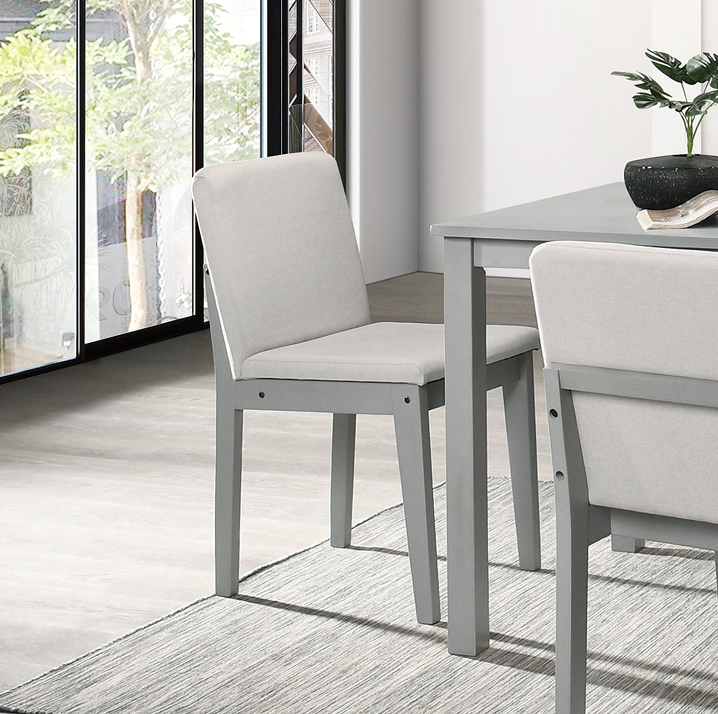 Grey Finish 5 Piece Dining Room Set Dining Table 4x Chairs Beige Fabric Chairs