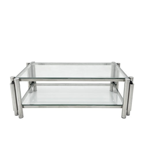 Modern Stainless Steel Coffee Table Set Set Of 3, Double-Layer Clear Tempered Glass Table Top, Coffee Table  Two End Side Table 3-Pieces Sets For Living Room Home Office
