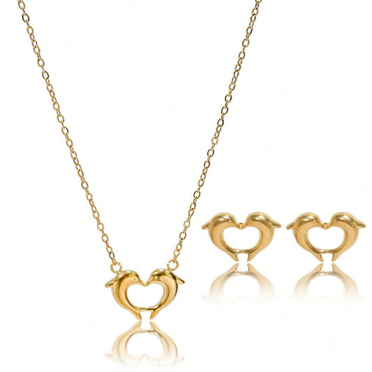 Lxalry 18K Gold Plated Heart Dolphins Mirror Jewelry Set  Hypoallergenic Skin Safe Necklace   Stud Earrings For Couple S Gift Daily Wear  Never Fade Adjustable Luxury With Precision Cast Symmetry