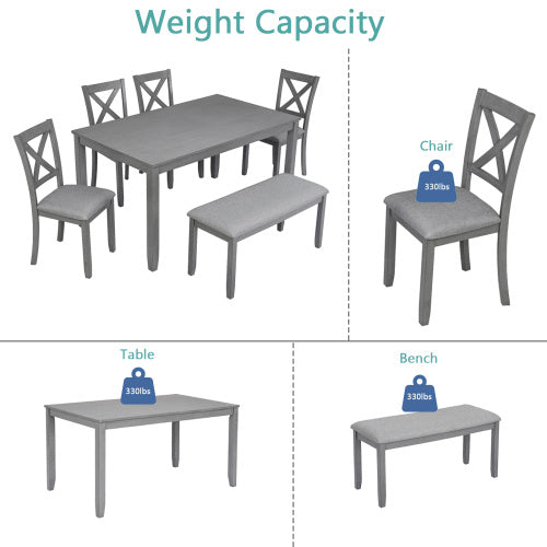6 Piece Kitchen Dining Set, Rectangular Wooden Dining Table With 4 Upholstered Chairs And A Bench, Dining Table Set For 6 People, Living Room, Home Bar And Kitchen, Gray