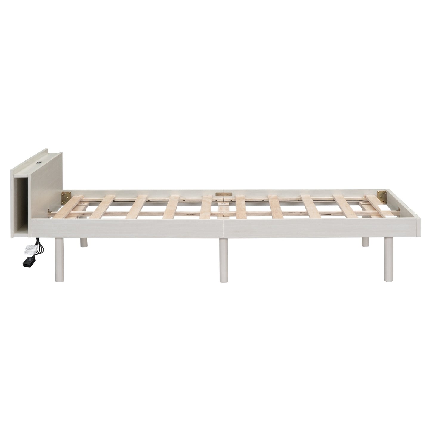 Modern Twin Platform Bed Frame With USB Ports, White Washed Color