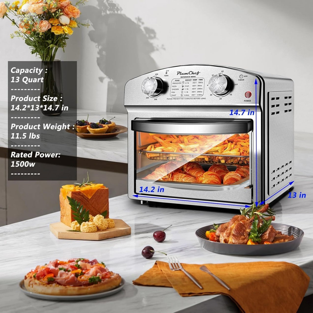 Stainless Steel 12.5 Qt Air Fryer, Dual Knob Control, 60-Min Timer, Presets For French Fries, Pizza, Chicken, Fish, And Toast Sleek Design, Healthy Cookie