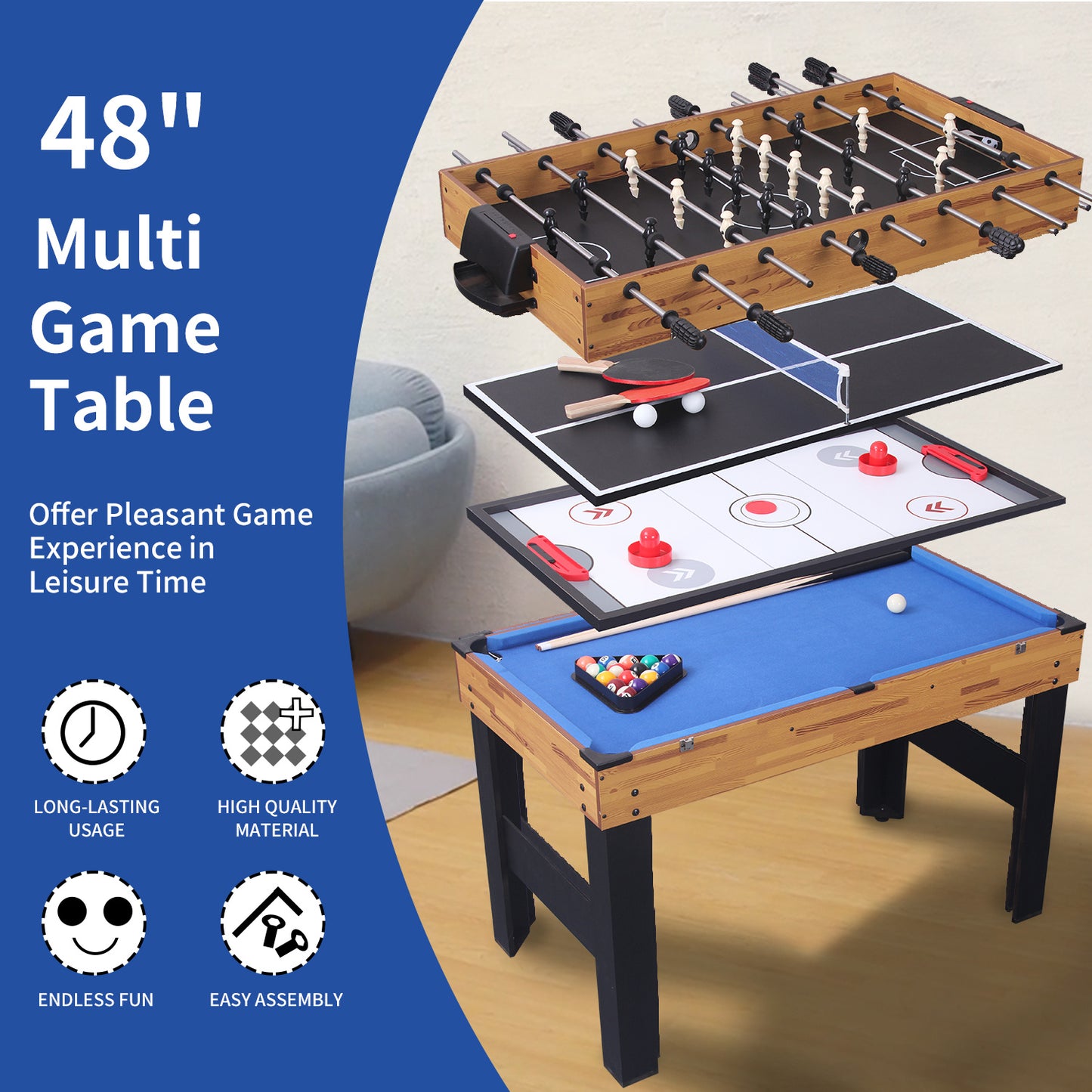 48in Folding Portable Combination Game Table  Set With Ping Pong, Air Hockey, Pool Billiards For Kids And Adults, Indoor And Outdoor Games