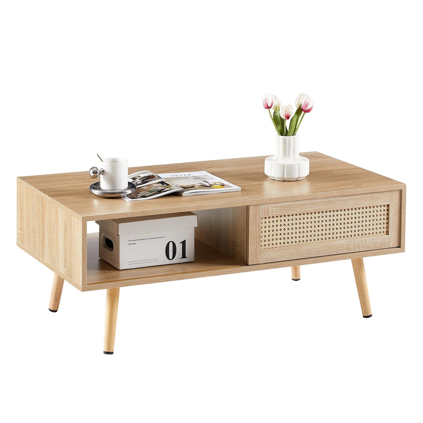 41.34 Inch Rattan Coffee Table, Sliding Door For Storage, Solid Wood Legs, Modern Living Room Table, Natural