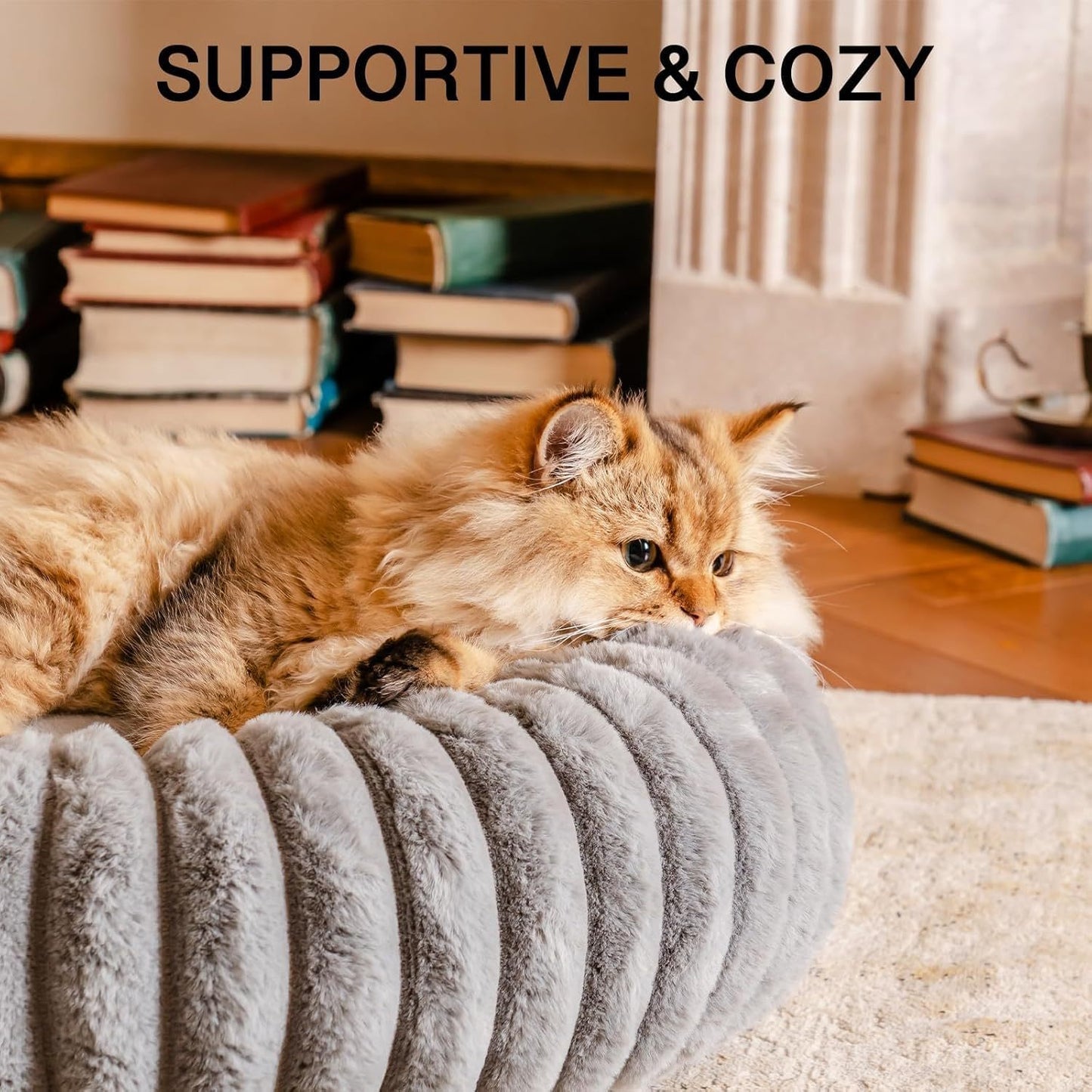 MEWOOFUN Donut Cat Bed - Washable Round Pet Bed For Indoor Cats & Kittens, Fluffy Non-Slip Calming Bed For Puppies, Grey