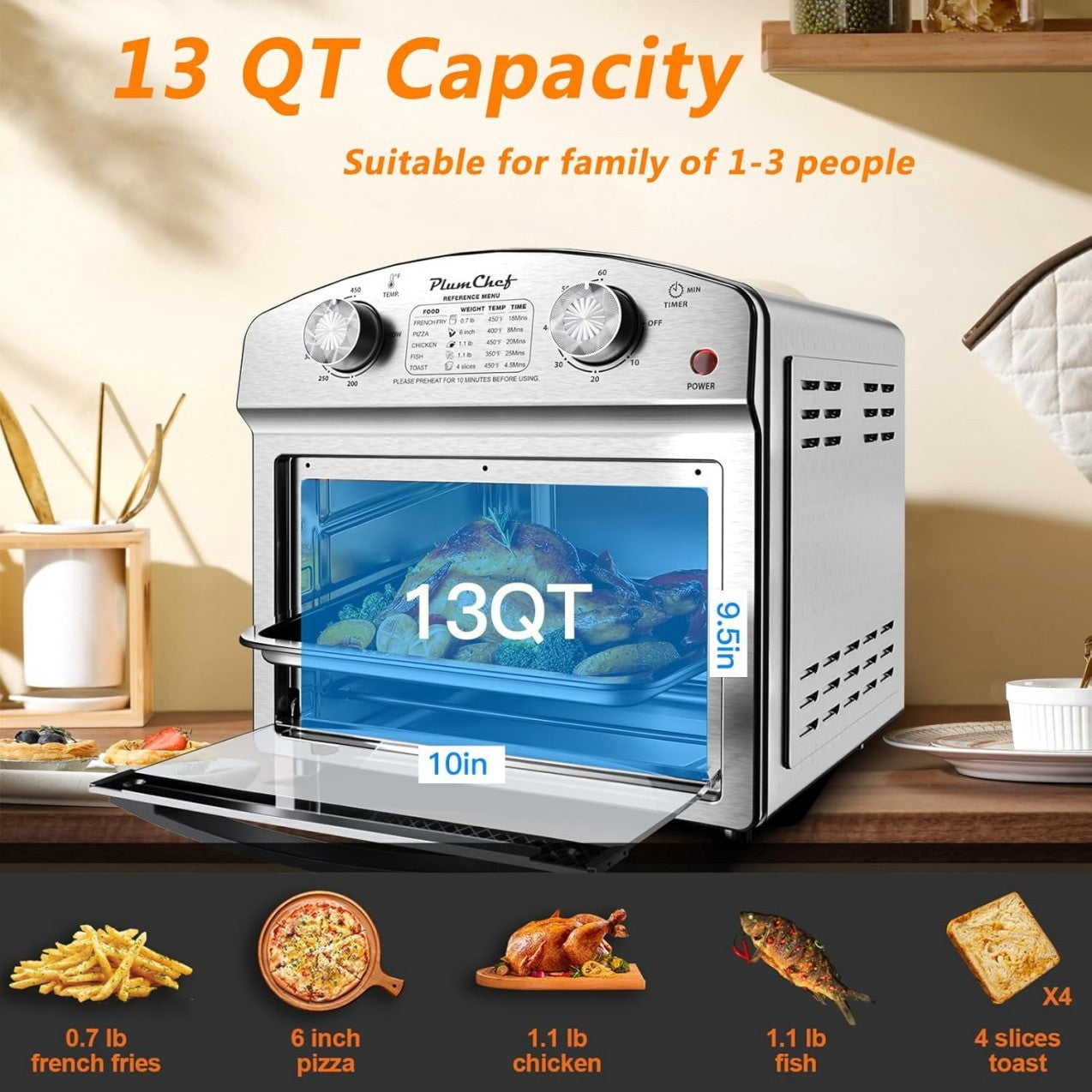 Stainless Steel 12.5 Qt Air Fryer, Dual Knob Control, 60-Min Timer, Presets For French Fries, Pizza, Chicken, Fish, And Toast Sleek Design, Healthy Cookie