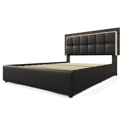 PU Belt, LED Strip And Bed Frame With 4 Drawers