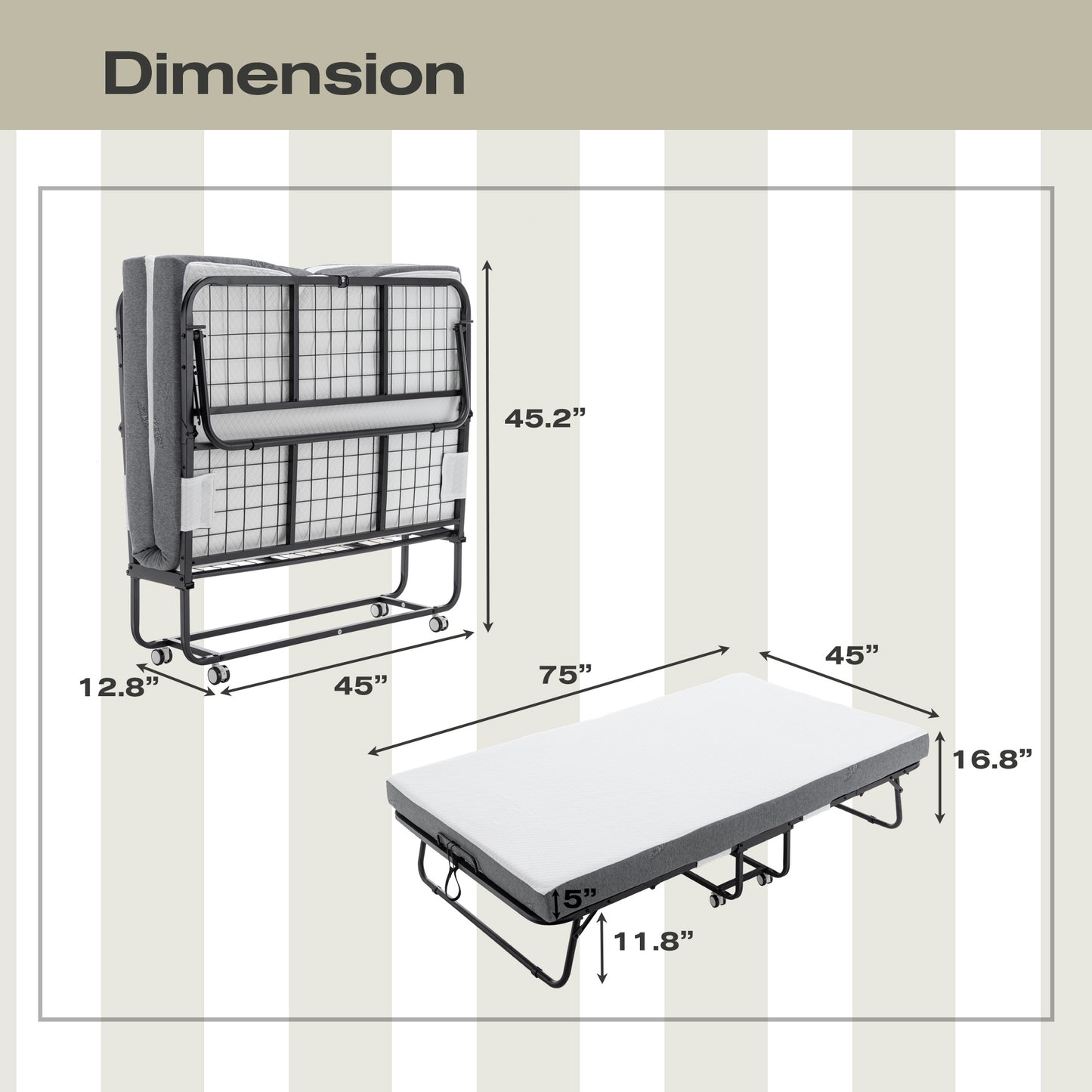 Folding Bed Cot With Mattress For Adults,  Foldable Metal Frame Bed For Guest With Memory Foam Mattress On Wheels, Saving Space Rollaway Bed