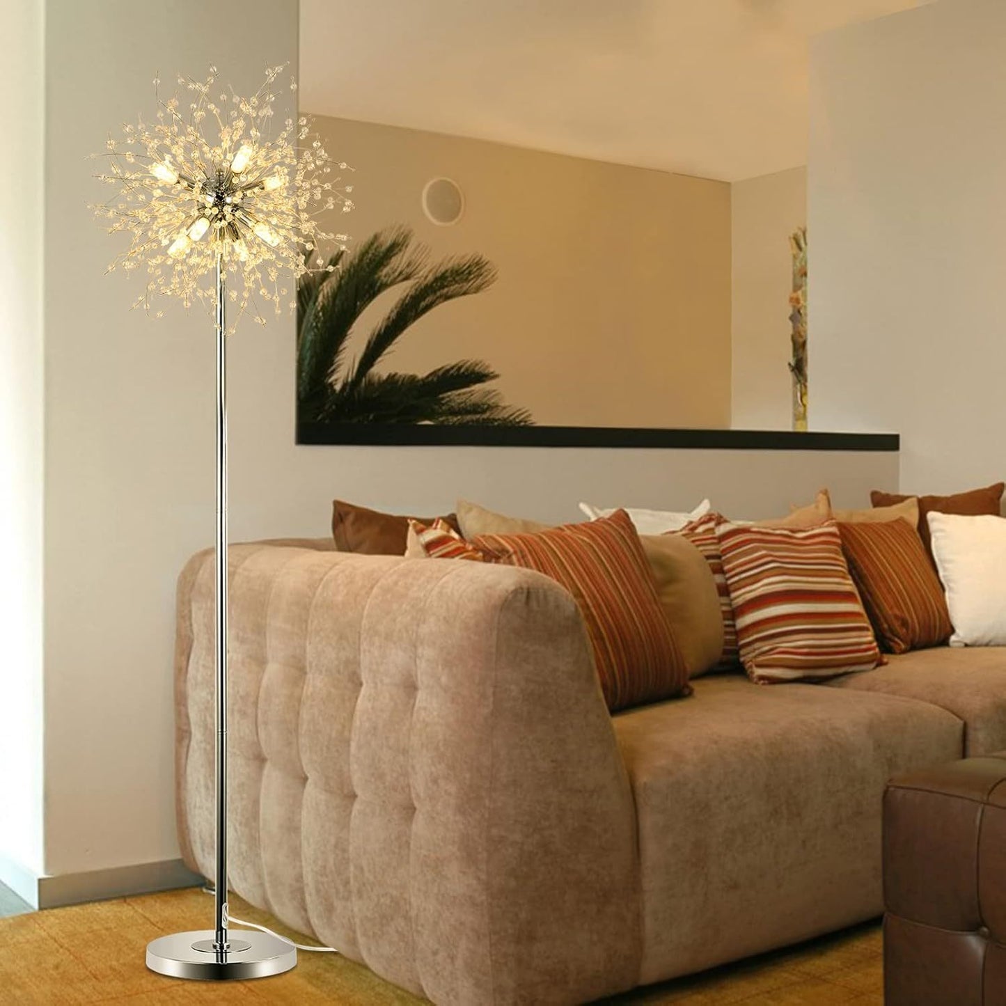 Bedroom Crystal Floor Lamp,,69 Inch High Pole Lamp,Modern Room Decorative Floor Lamp,Includes 32 Fireworks Crystal Suspenders, Chrome Finish Unavailable Platforms- Welfel