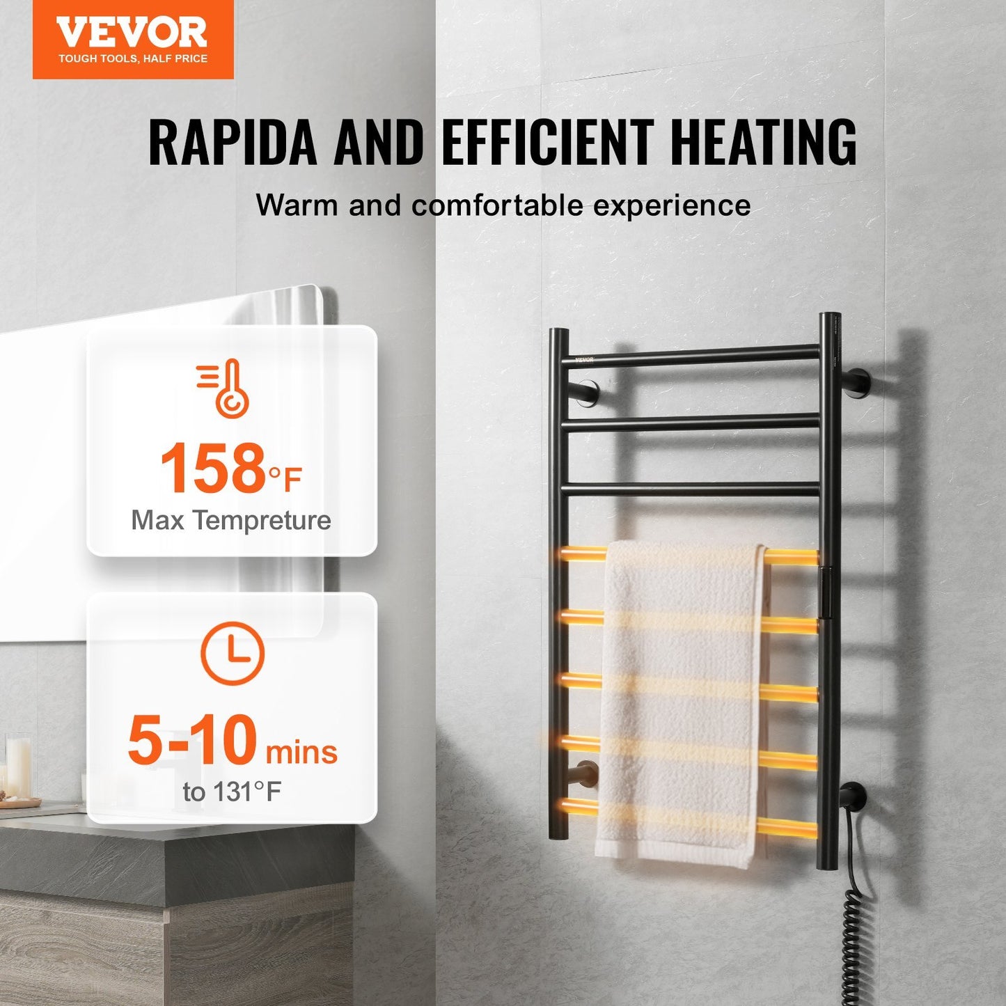 VEVOR 8 Bars Towel Warmer Rack Wall Mounted Heated Towel Rack For Bathroom Black