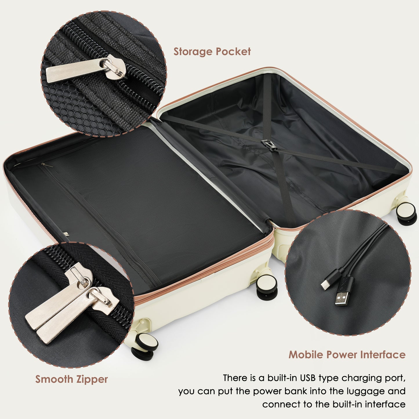 4-piece Suitcase Set With USB Port, Expandable ABS Durable Suitcase With Travel Bag, Cup Holder, With Spinner Wheels, Beige