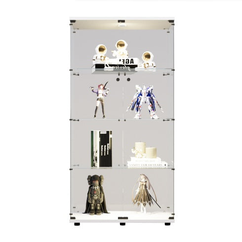 Two-door LED Lights Glass Display Cabinet 4 Shelves With Door, Floor Standing Curio Bookshelf For Living Room Bedroom Office, 64.7x31.7x14.3, White