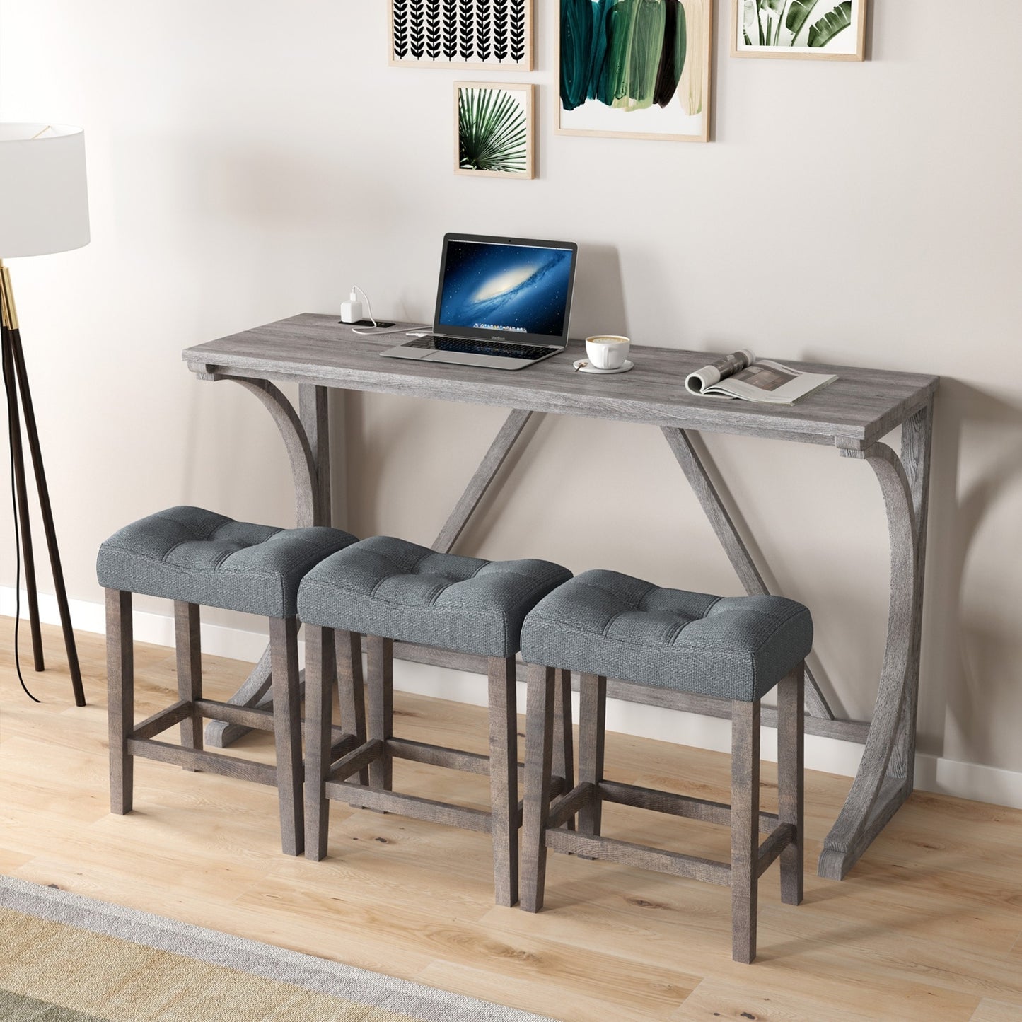 Bar Table Set With Power Outlet, Bar Table And Chairs Set, 4 Piece Dining Table Set, Industrial Brea