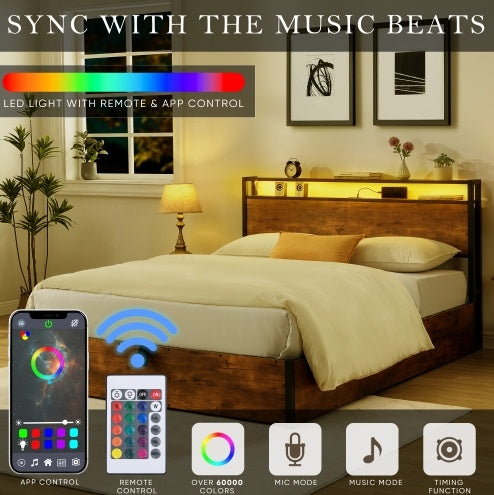 Wooden Platform Bed Frame With Lifting And Charging Station