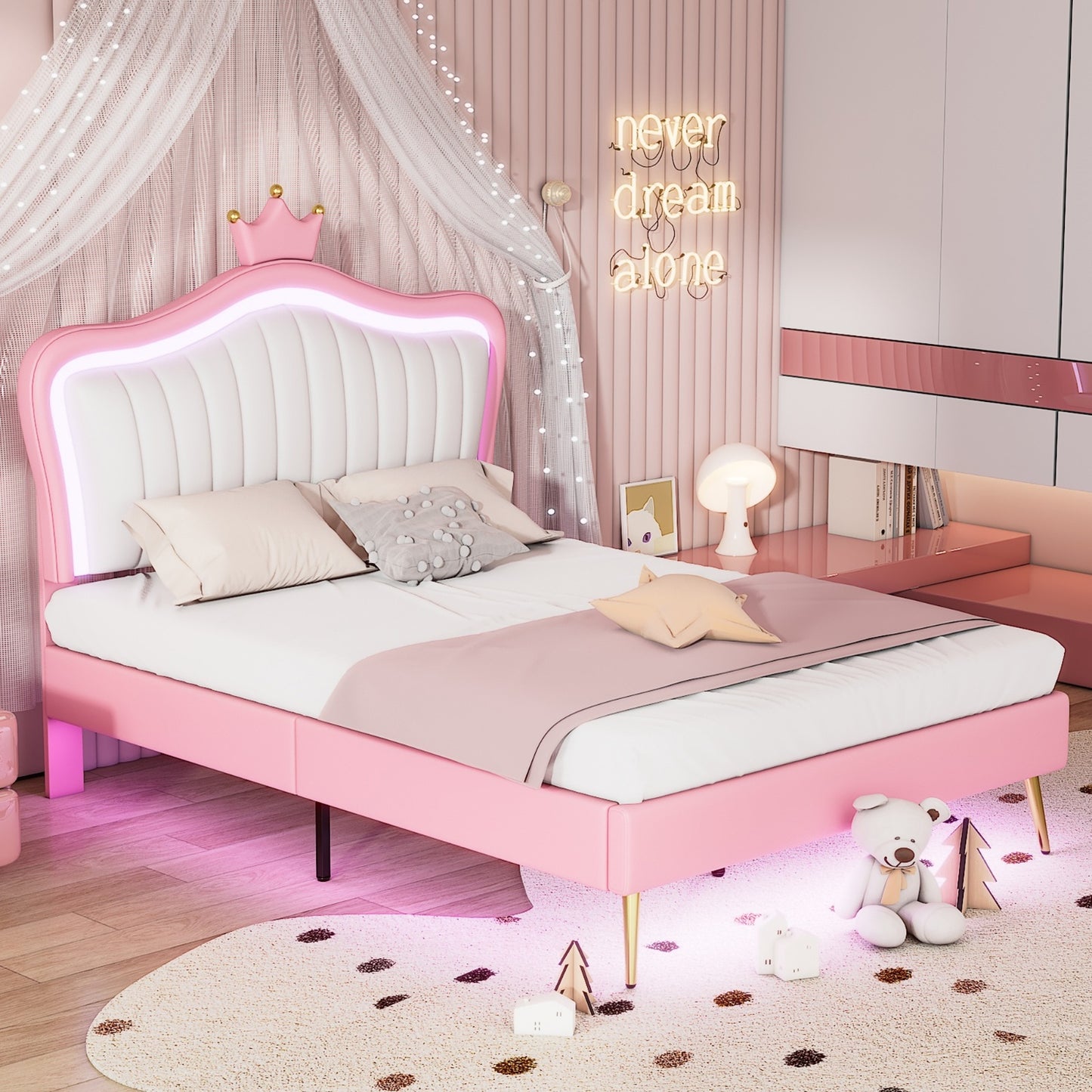 Full Size Upholstered Bed Frame With LED Lights & Crown Headboard