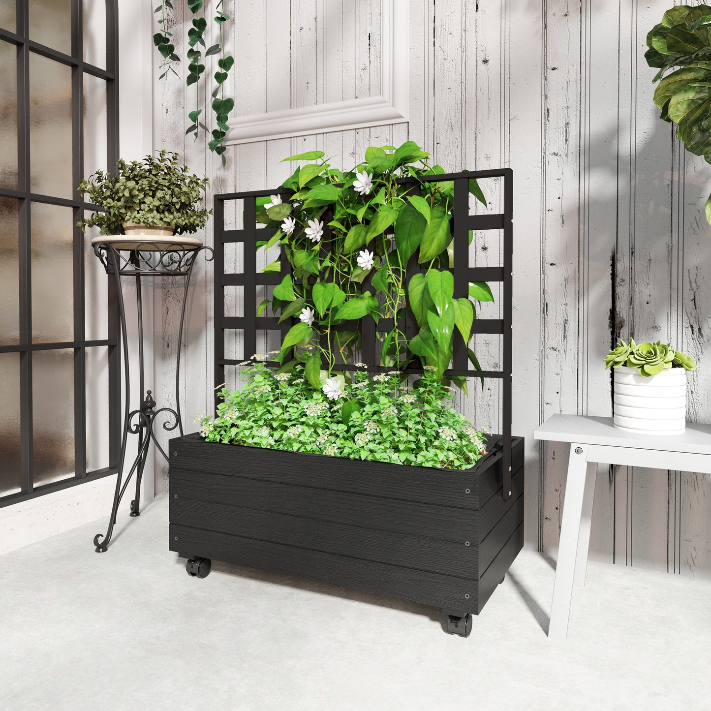 Raised Garden Bed With Trellis And Wheels, Outdoor Planter Wooden Elevated Garden Bed