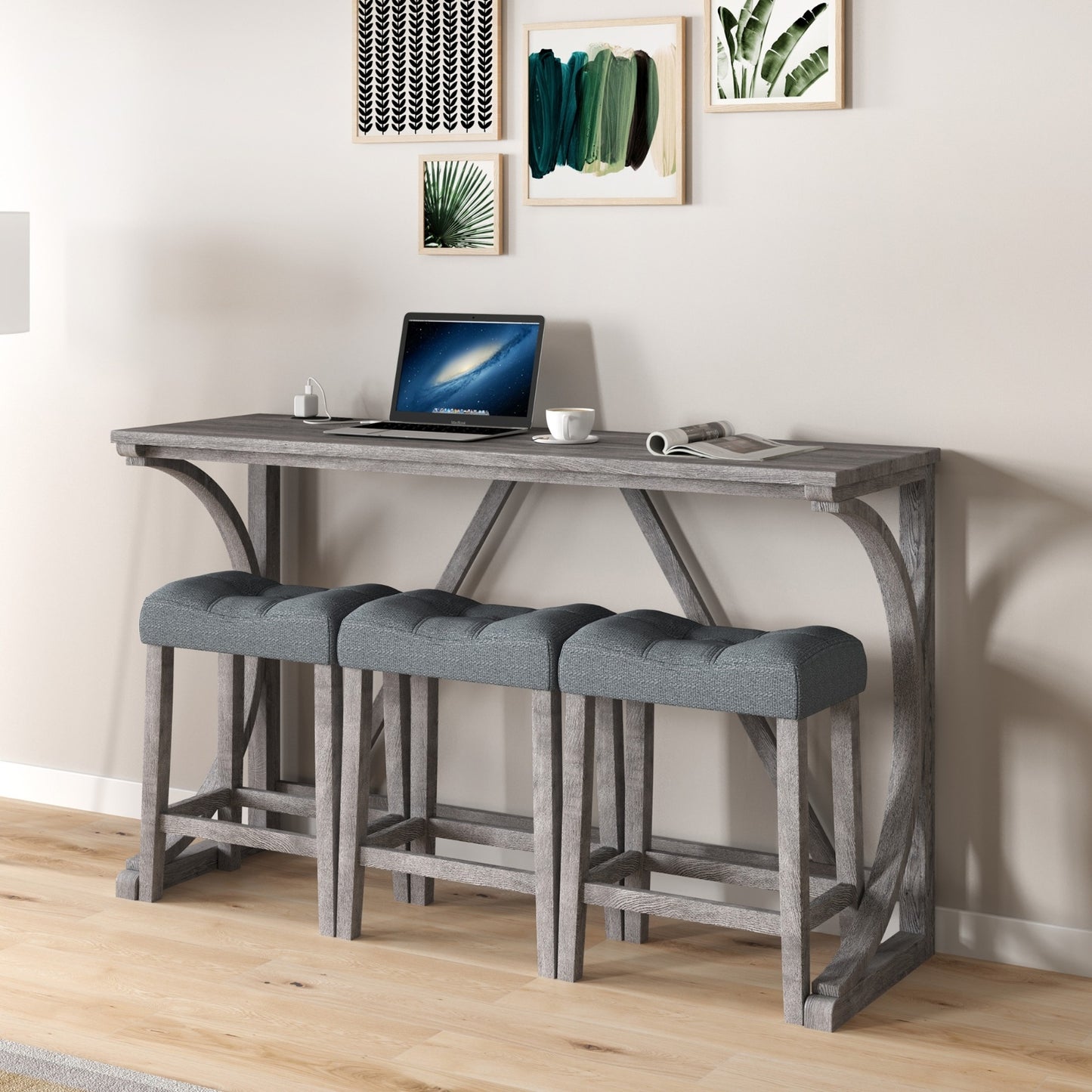 Bar Table Set With Power Outlet, Bar Table And Chairs Set, 4 Piece Dining Table Set, Industrial Brea