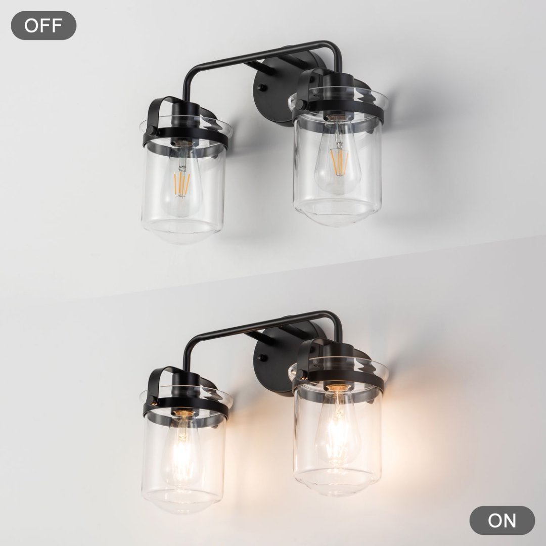 2-Light With Clear Glass Shade,Modern Sconce, Industrial Indoor  Light Fixture For Bathroom Living Room Bedroom Over Kitchen Sink,E26 Socket,No Bulb