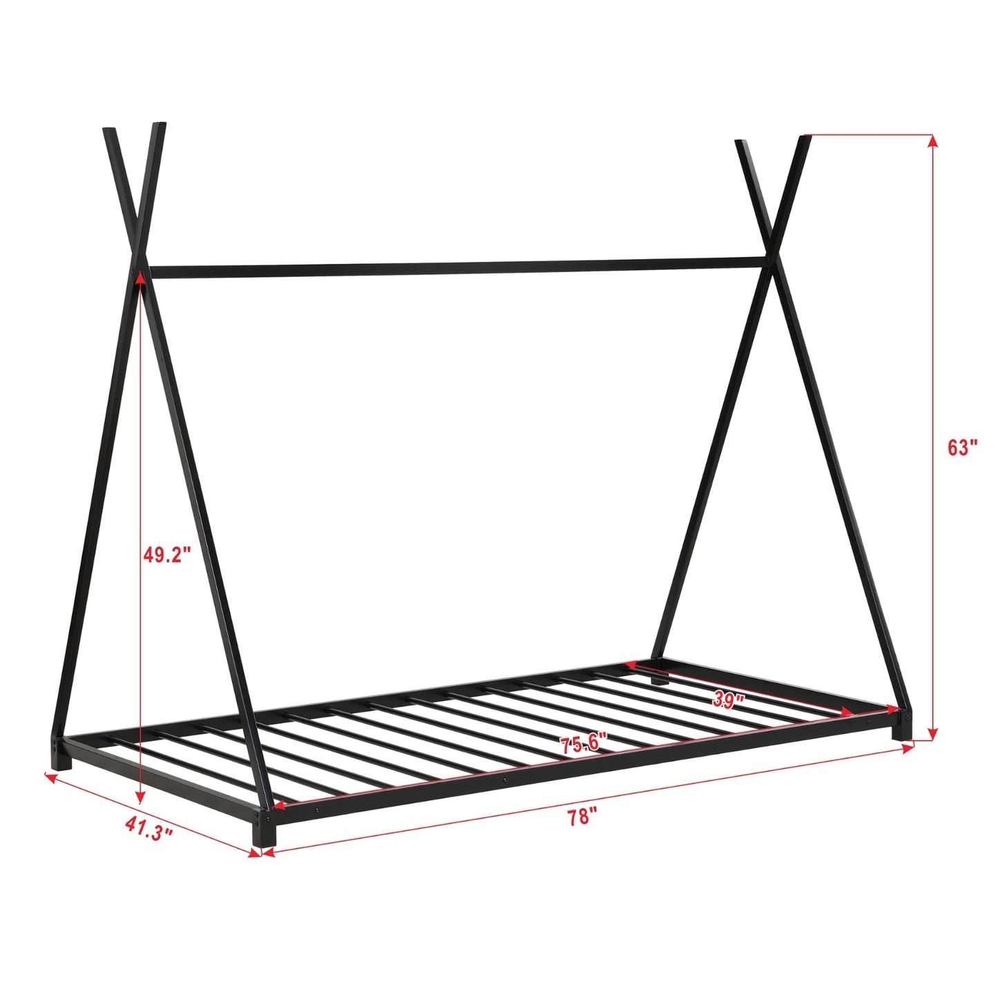 Metal Twin Size House Platform Bed With Triangle Structure, Black