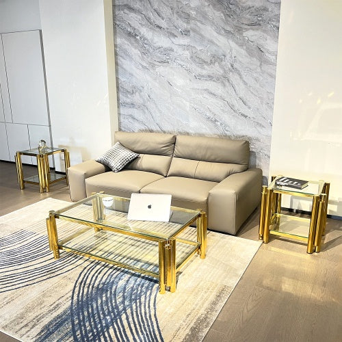 Modern Stainless Steel Coffee Table Set Set Of 3, Double-Layer Clear Tempered Glass Table Top, Coffee Table  Two End Side Table 3-Pieces Sets For Living Room Home Office