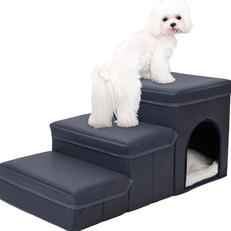 Foldable Dog Stairs With Storage - 3-Level Small To Medium Dog Breed Ramp, Oxford Fabric, Suitable For High Beds And Sofas, Pet Ladder, Dog Stairs